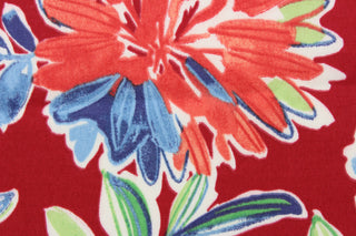This screen printed fabric features large colorful flowers set against a solid background and is perfect for any project where the fabric will be exposed to the weather. Colors include red, coral, yellow, orange, blue, green, grey, and white.