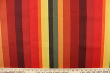 Load image into Gallery viewer, This heavy striped fabric in autumnal colors is perfect for any project where the fabric will be exposed to the weather.  Colors include shades of red, orange, yellow and green.
