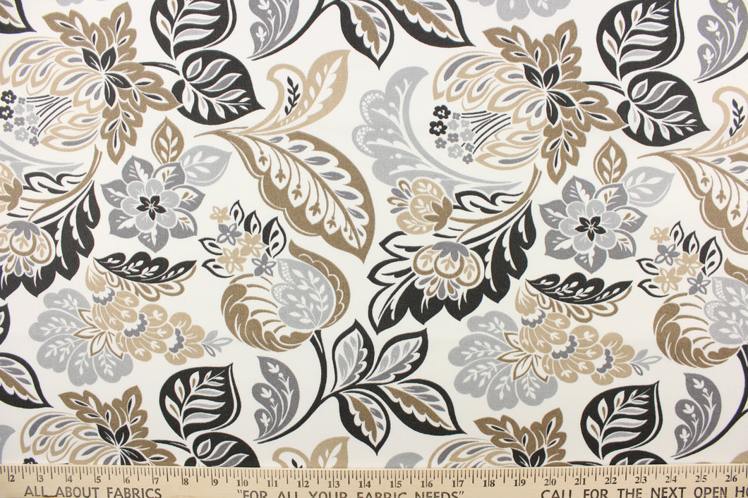 This decorative print features a floral and leaf metallic design set against a solid background and is perfect for any project where the fabric will be exposed to the weather.   Colors include white, grey, black and stone.