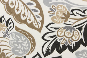 This decorative print features a floral and leaf metallic design set against a solid background and is perfect for any project where the fabric will be exposed to the weather. Colors include white, grey, black and stone.