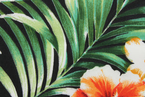  This screen printed fabric featuring tropical flowers and leaves is perfect for outdoor settings and indoors in a sunny room. 