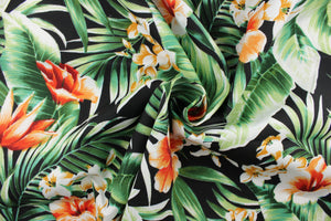  This screen printed fabric featuring tropical flowers and leaves is perfect for outdoor settings and indoors in a sunny room. 