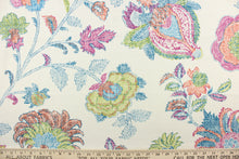 Load image into Gallery viewer, This fabric features a large print floral design on a cream background.  Colors include blue, green, magenta pink and orange.
