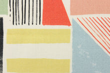 Load image into Gallery viewer, This fabric features a unique design in the colors of rose, gray, blue, black, red, mustard yellow and black set against a white background. 
