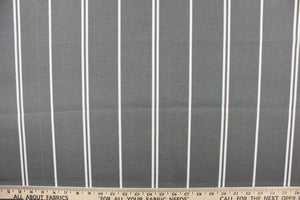This outdoor fabric features white stripes set against a gray background.