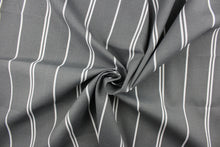 Load image into Gallery viewer, This outdoor fabric features white stripes set against a gray background.
