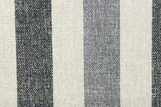 This outdoor fabric features stripes in black, gray and white. 