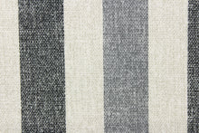 Load image into Gallery viewer, This outdoor fabric features stripes in black, gray and white. 
