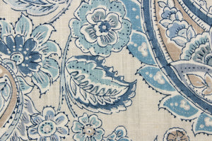 This fabric features a paisley and floral print on a light sand slubbed ground.  Colors included are blue, gray, tan, cream and metallic silver. 