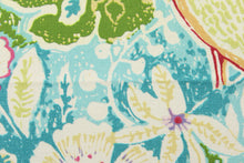 Load image into Gallery viewer, This fabric features a novelty bird and floral print on a light aqua blue background.  Colors included are teal, blue, green and red.
