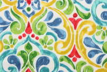 Load image into Gallery viewer, This outdoor fabric features a damask design in bright colors of pink, yellow, blue, teal and green against white background.
