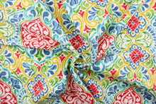 Load image into Gallery viewer, This outdoor fabric features a damask design in bright colors of pink, yellow, blue, teal and green against white background.
