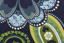 Load image into Gallery viewer, This fabric features a floral paisley design in shades of blue, green, off white and a yellowish green against a navy background.
