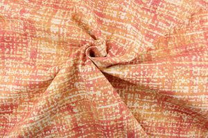 This features offer an abstract design in varying shades of red and orange with hints of off white and beige.