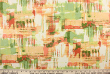 Load image into Gallery viewer, This outdoor fabric features an abstract design in varying shades of orange, peach, green, and white with hints of yellow. 
