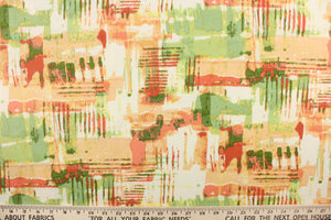 This outdoor fabric features an abstract design in varying shades of orange, peach, green, and white with hints of yellow. 