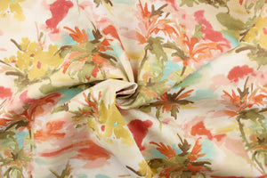  This outdoor fabric features a watercolor tropical scene in varying shades of pink, pale turquoise, brown, mute yellow, olive green and peach against a dull white background. 