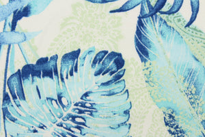  This outdoor fabric features a floral design in blue, pale green, and  turquoise against a white background. 