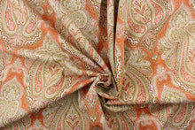 Load image into Gallery viewer, : This fabric features an damask design in varying shades of orange, taupe, white, and khaki
