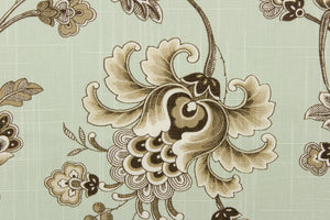  This fabric features a beautiful floral vine design in brown, khaki, and whites against a pale green background.