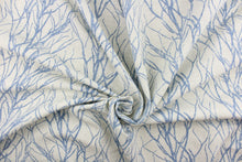 Load image into Gallery viewer, This fabric features a branch design in blue against a pale gray background.
