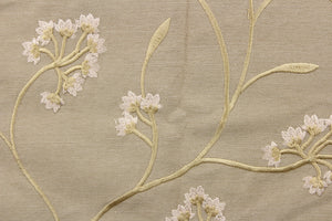 This fabric features a beautiful embossed floral design in rose gold on a dark beige background. 