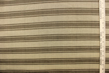 Load image into Gallery viewer, This yarn dyed fabric features a striped pattern in khaki and brown.  This fabric would enrich any room whether you use it for drapery or an accent chair.  It is also perfect for throw pillows, home décor.  The possibilities are endless. 
