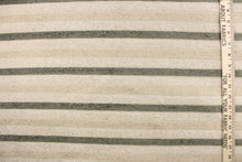 Load image into Gallery viewer, This hard wearing, textured chenille fabric features stripes in beige, khaki  and green. 
