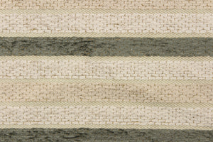 This hard wearing, textured chenille fabric features stripes in beige, khaki  and green. 