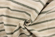 Load image into Gallery viewer, This hard wearing, textured chenille fabric features stripes in beige, khaki  and green. 
