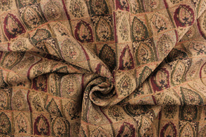 This hard wearing, textured chenille fabric features spades shapes in red, green and brown.  