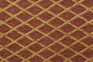 This hard wearing, textured chenille fabric features gold diamonds on a rust colored background. 