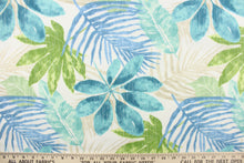 Load image into Gallery viewer,  This outdoor fabric features a floral design in blue, teal, green, and light khaki against white. 
