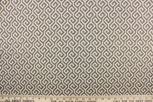 Load image into Gallery viewer, This fabric features a geometric design in a dull white and brownish gray. 
