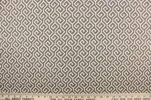 This fabric features a geometric design in a dull white and brownish gray. 