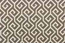 Load image into Gallery viewer, This fabric features a geometric design in a dull white and brownish gray. 
