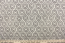 Load image into Gallery viewer,  This outdoor fabric features a unique design in dark gray almost black against a white background.
