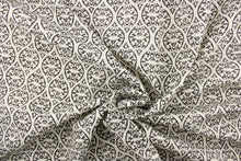 Load image into Gallery viewer,  This outdoor fabric features a unique design in dark gray almost black against a white background.
