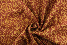 Load image into Gallery viewer, This outdoor fabric features an enteric design in golden brown against a rust red .
