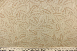 This elegant jacquard features a leaf design in tones of cream and beige. It is clean and crisp and would work well for draperies, curtains, cornice boards, pillows, cushions, bedding, headboards and furniture upholstery.  It is stain- resistant and durable with a rating of 15,000 double rubs.