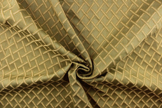 This fabric features diamonds in beige and gold on a yellowish green background.  It is durable and hard wearing and would be great for multi-purpose upholstery, bedding, cornice boards, accent pillows and drapery.  