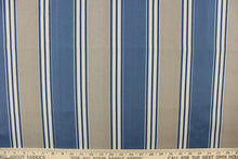 Load image into Gallery viewer,  This outdoor fabric features a vertical stripe design in gray, beige, white and blue.
