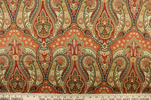 Load image into Gallery viewer, This fabric features a damask paisley design in orange, red, brown, white, blue green, and gold. 

