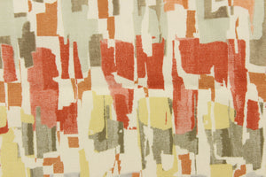 This fabric features an abstract design in varies shades of orange, yellow, gray, brown and off white . 