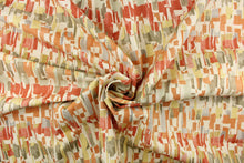 Load image into Gallery viewer, This fabric features an abstract design in varies shades of orange, yellow, gray, brown and off white . 
