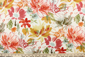 This fabric features a floral design in bright colors of orange, golden yellow, green, pale blue, red, and pink against white. 