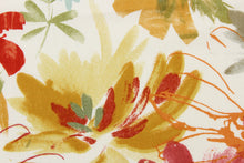 Load image into Gallery viewer, This fabric features a floral design in bright colors of orange, golden yellow, green, pale blue, red, and pink against white. 
