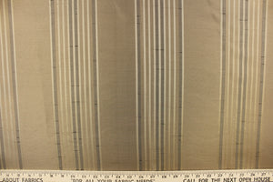 This fabric features a vertical striped design in gold and pale black on a beige background