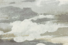 Load image into Gallery viewer, This fabric features a cloud design in shades of gray, beige and white.
