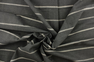 This fabric features a horizontal stripe design in pale gray against a dark gray. 